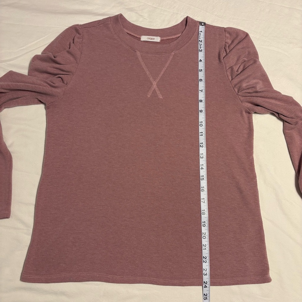 Cherish MauvePink Long Sleeved Crew Neck Puff Sleeve Knit Top-Creamie Ruffle Top - Picture 3 of 5
